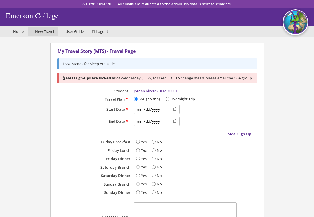 New Travel form with Sleep At Castle selected, showing start and end date fields