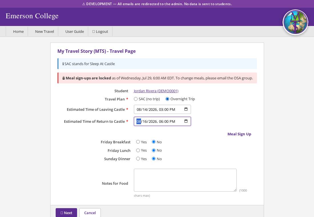 New Travel form with Overnight Trip selected, showing leave/return times and the meal sign-up grid