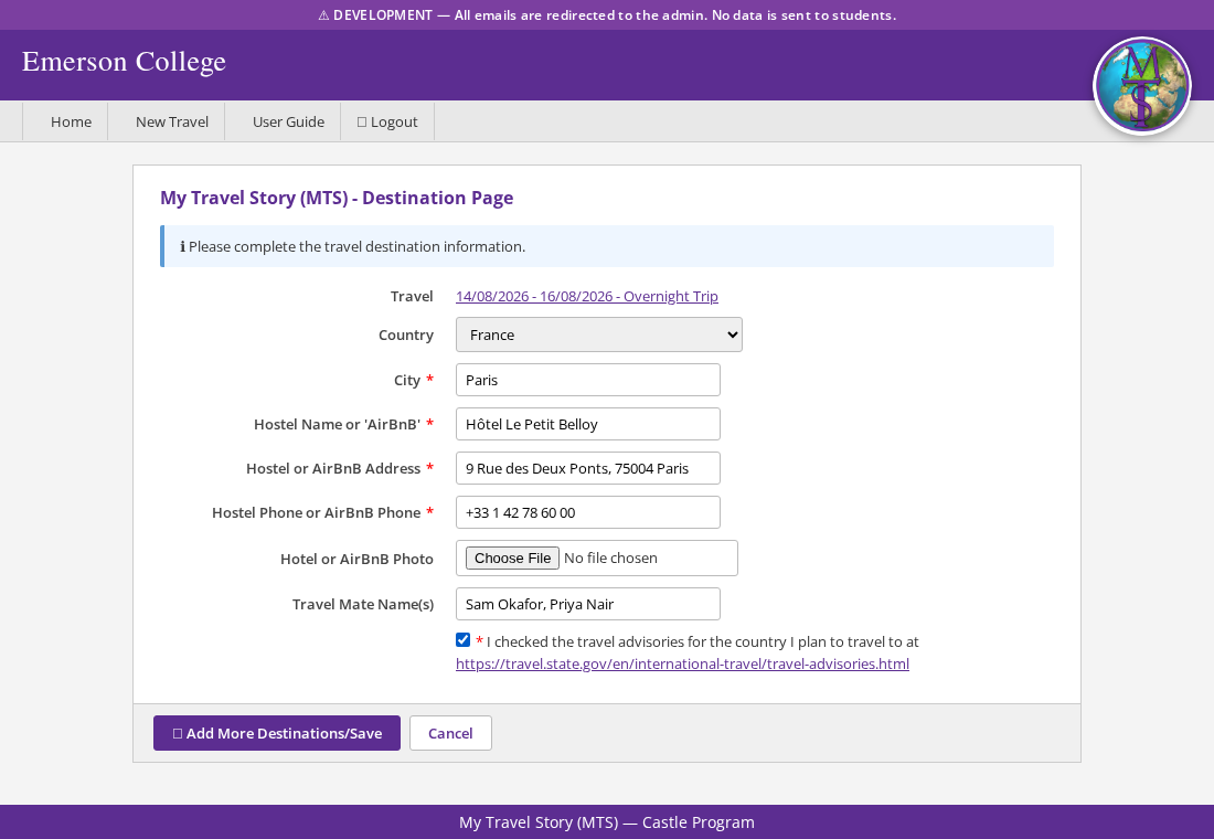 Destination form filled in with a Paris trip, hostel details, travel mates, and the advisory checkbox