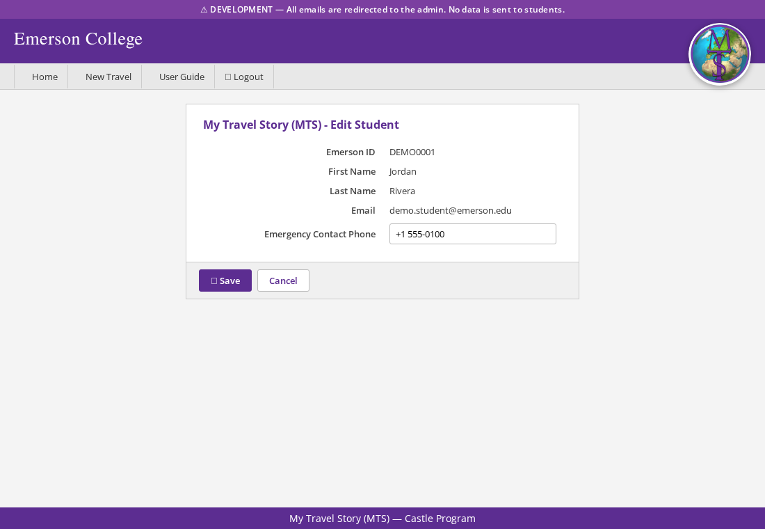 Edit Student screen showing the Emergency Contact Phone field