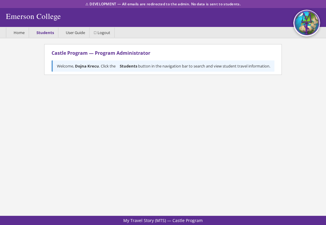 Program Administrator Home screen with a Students button highlighted in the navigation bar